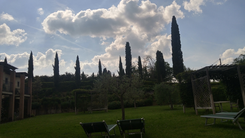 Garden area with loungers, cypress trees, and pergolas under a blue sky.