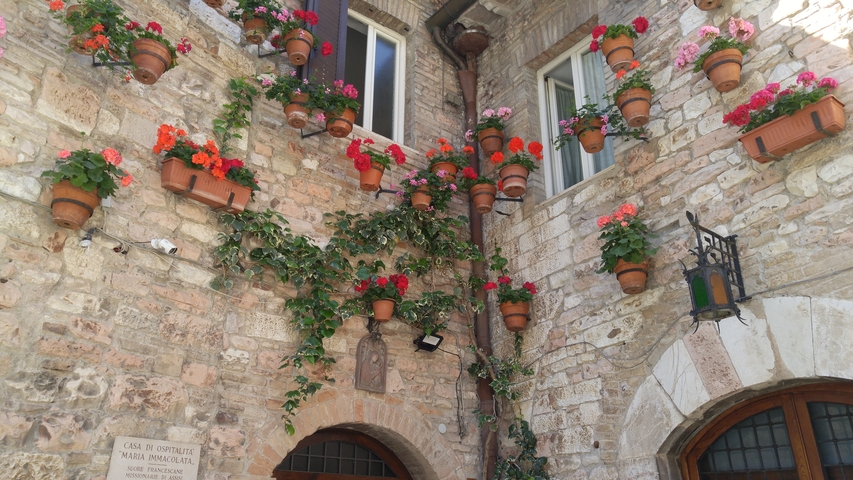 Stone building facade with colorful flower pots attached.