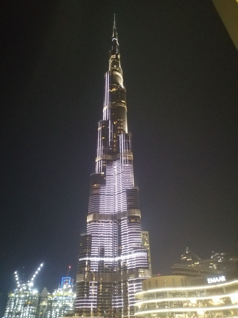 Night view of a tower lit up against a dark sky.