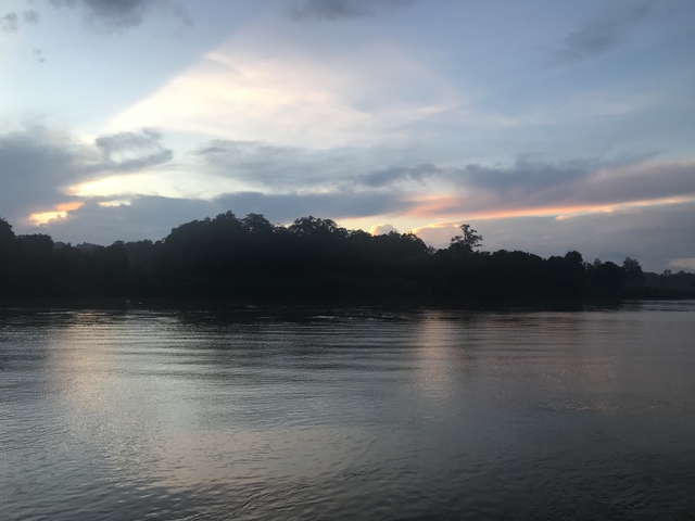       Sunset over a river with trees silhouetted.
  