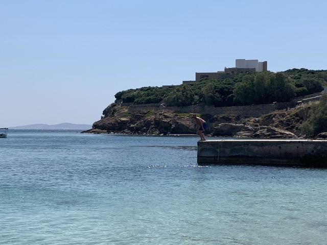 Person diving into the sea from a pier with a rocky coast.