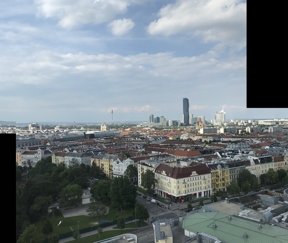 Panoramic view of a city skyline with modern buildings.