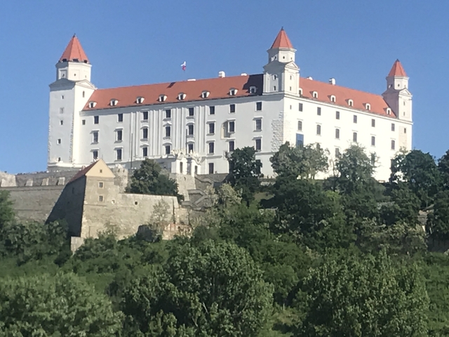 A castle on a hill with a blue sky background.
