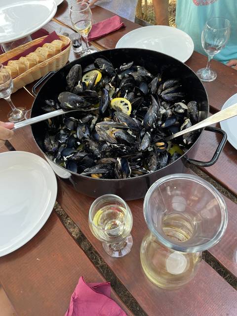 Upside-down bowl of mussels on a wooden table with drinks.