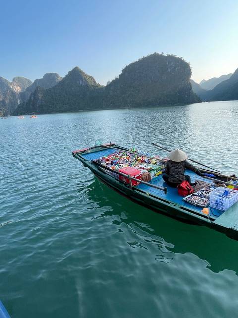       A boat filled with goods and a person wearing a hat, on a body of water.
  