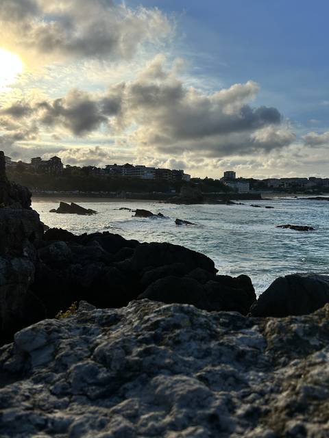      Coastal view with buildings and rocks, taken at an angle.
  