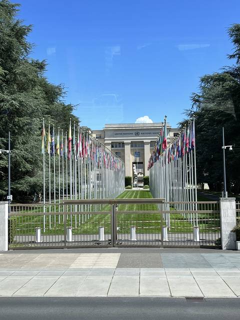       Building with international flags.
  