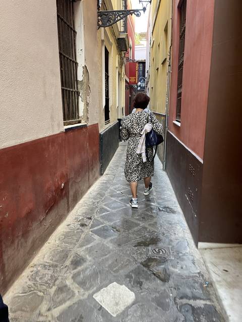 Person walking through a narrow cobblestone street
