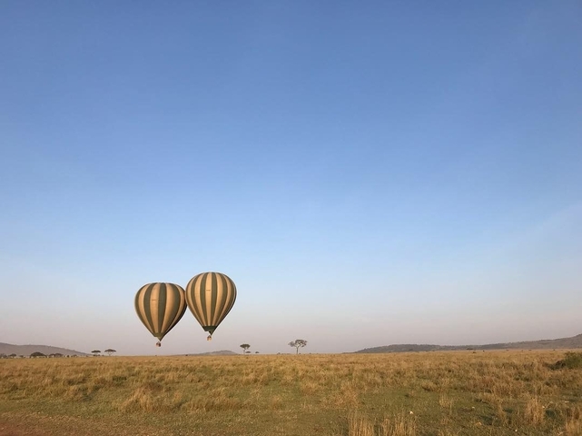 Two hot air balloons floating over a vast open savanna.