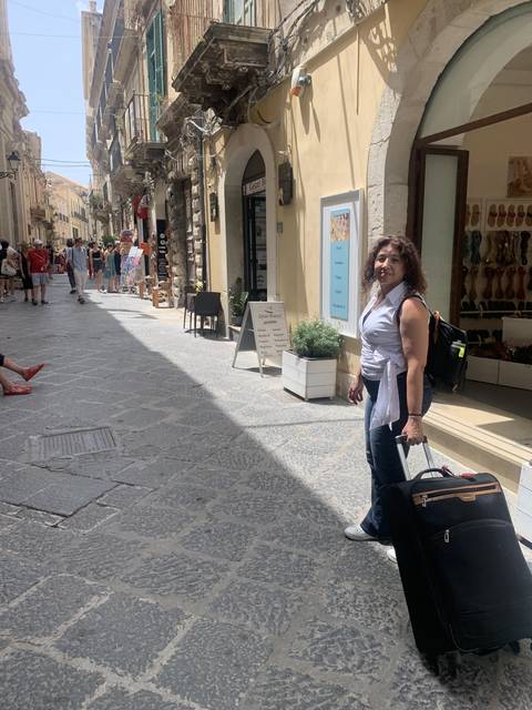       Street with shops and a tourist pulling a suitcase.
  