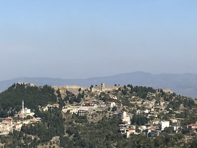       Hilltop view of a fortress surrounded by a small town.
  
