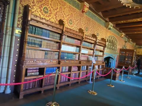 Upside-down image of an ornate library interior