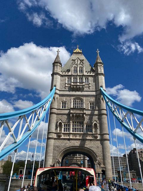 Tower Bridge with a bus passing on the road