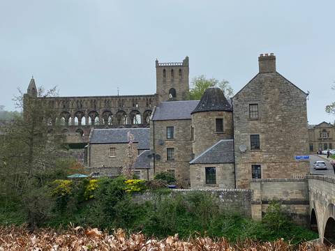 Historic stone buildings with detailed architecture