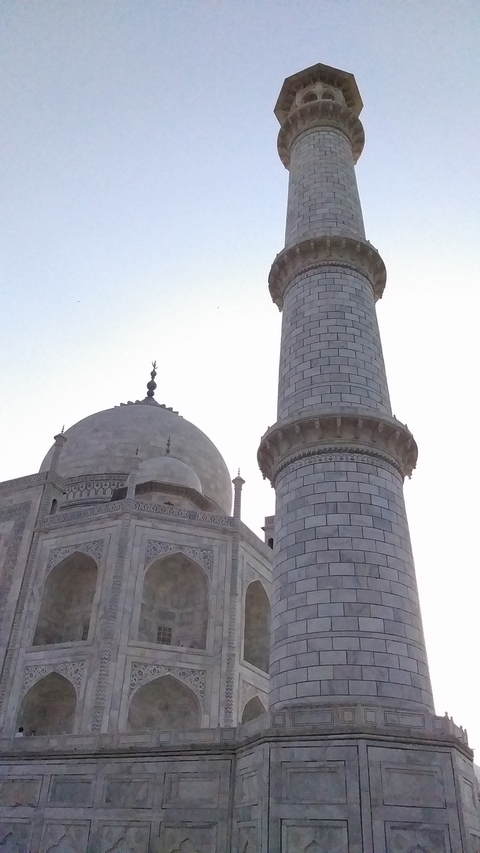       Close-up of the marble domes and minarets of the Taj Mahal
  