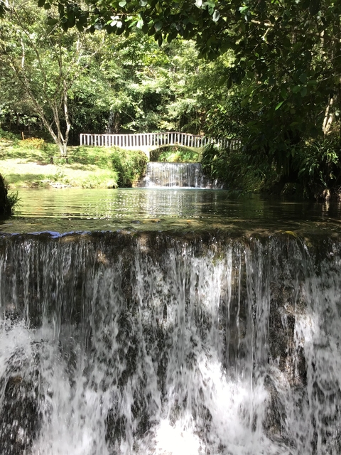       Small waterfall flowing over rock formations.
  