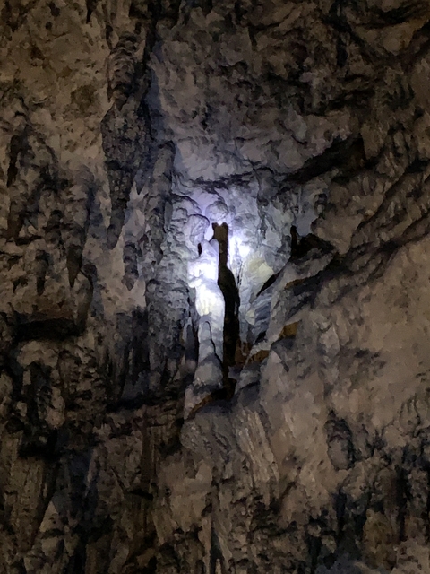       Cave interior with stalactites and artificial lighting.
  