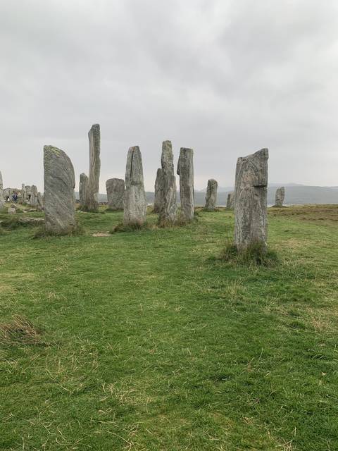 Stone circle standing in a grassy field.