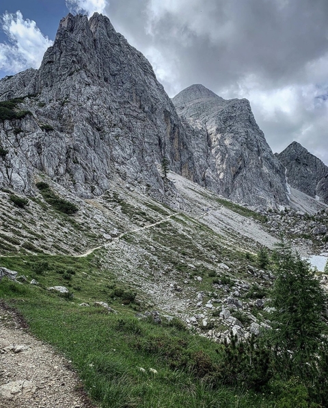 A steep rocky mountain pathway.