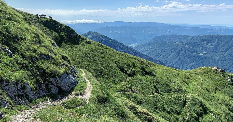 A hiking trail along green hills and distant mountains.