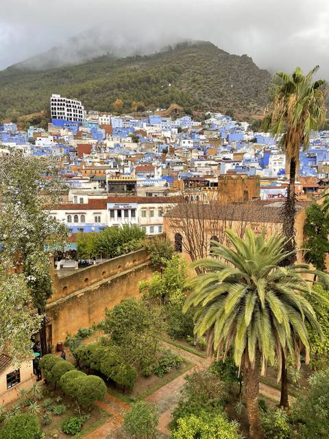       Overhead view of Chefchaouen with blue buildings.
  