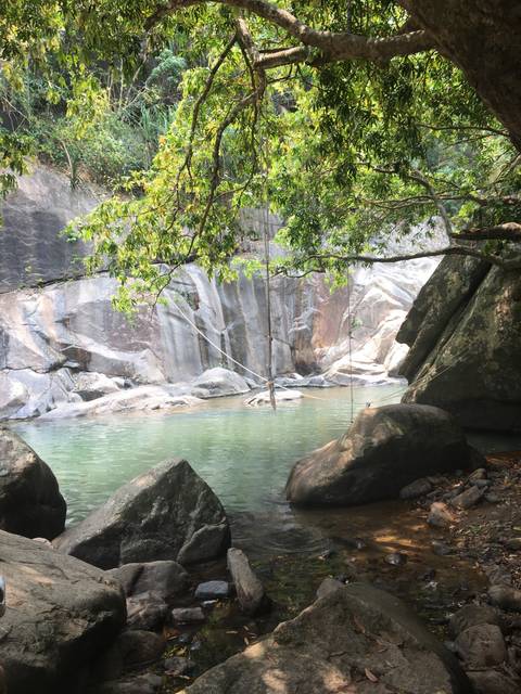 Natural pool surrounded by rocks and greenery.