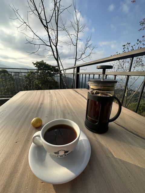 Cup of coffee and a French press on an outdoor table with a view.