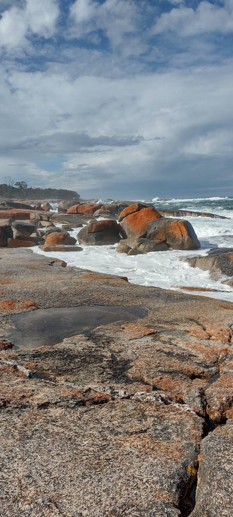 Rocky shoreline with waves crashing against the rocks.