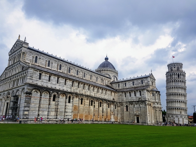 View of Pisa Cathedral and Leaning Tower of Pisa.