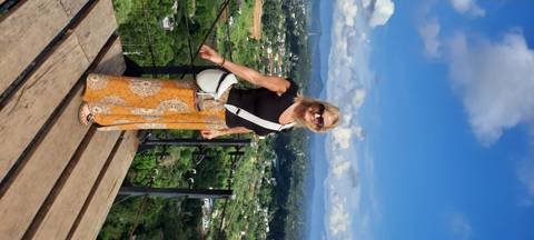       Woman standing on a high view deck enjoying a scenic view.
  
