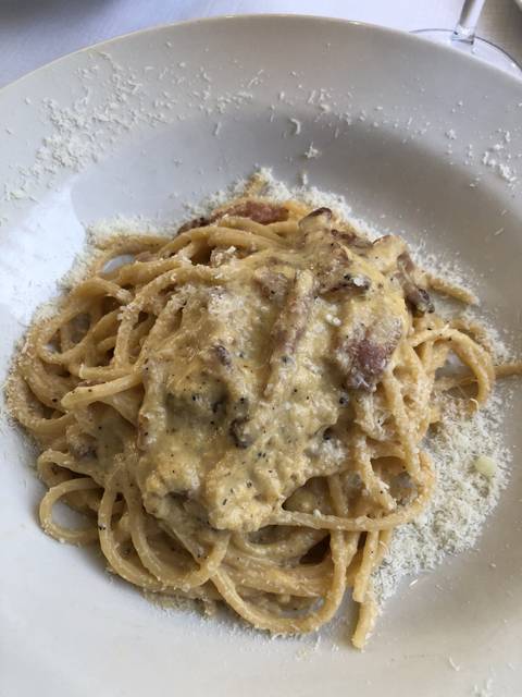       Plate of spaghetti carbonara garnished with cheese.
  