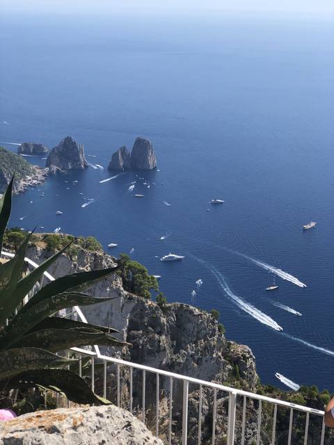       Cliffside view of Capri with boats in the blue sea.
  
