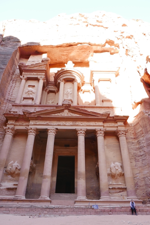 The famous Treasury of Petra with detailed architecture.