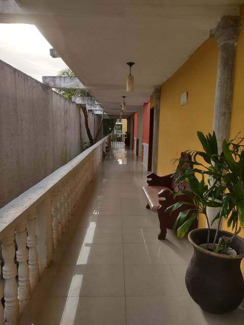      Upside-down view of a hallway with artwork.
  