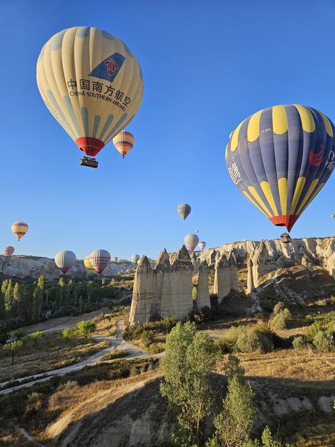       Numerous hot air balloons over rock formations.
  