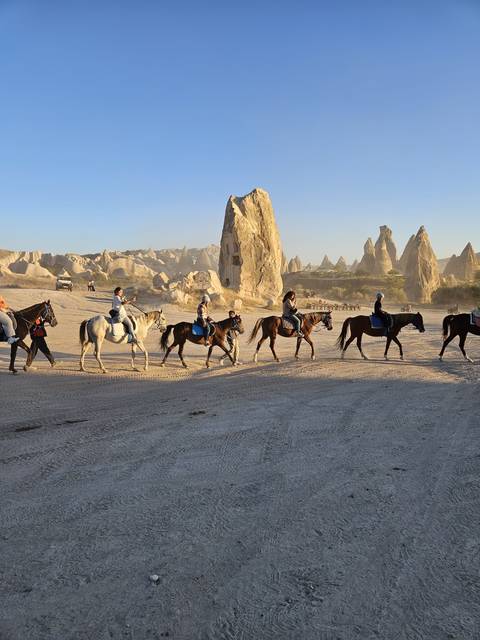       People riding horses in a desert landscape.
  
