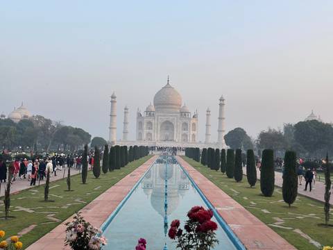 Taj Mahal with reflective pool and gardens, inverted.