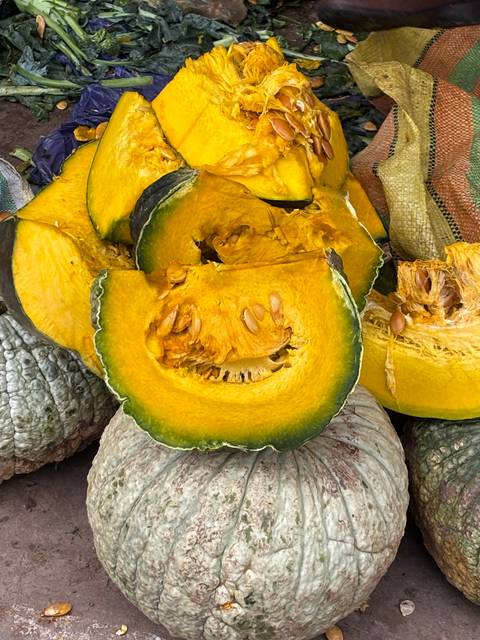       Pumpkins and squash on display.
  