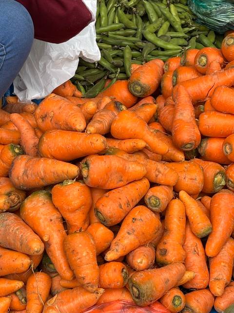      Carrots and green vegetables on display.
  