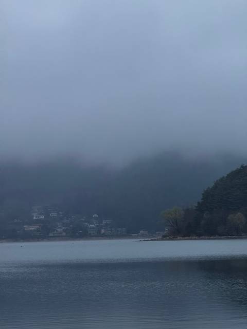       A lake with forested hills under a clear sky.
  