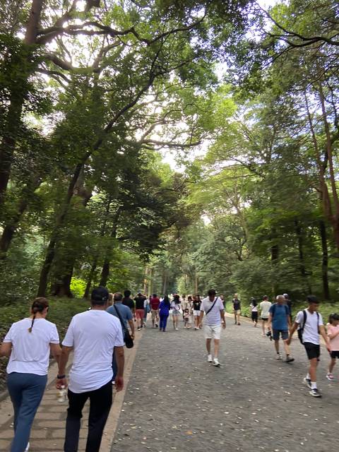       People walking on a shaded path.
  