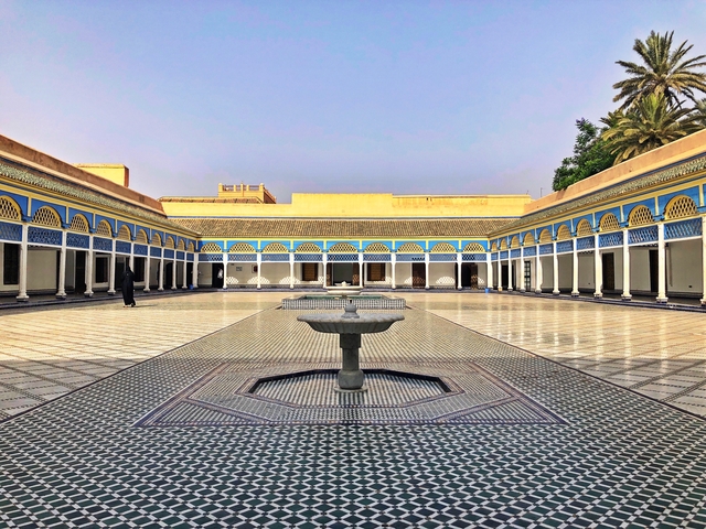Bahia Palace courtyard in Marrakesh with intricate tile work.