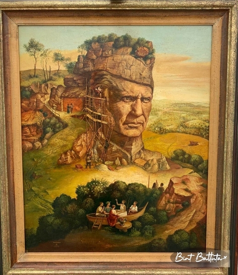       Artistic painting of mountain scenery with a carved rock face.
  
