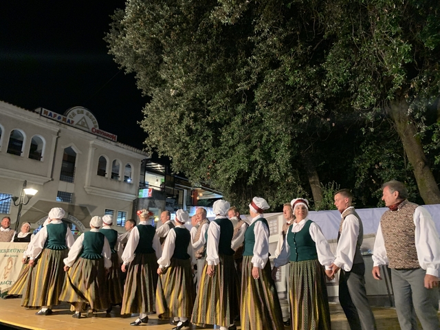       A group of people in traditional costumes performing a cultural dance at night.
  