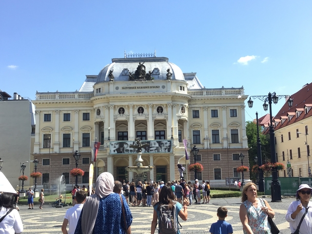 Crowd in front of the National Theatre in Bratislava.