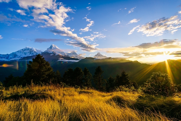 Stunning sunrise over mountains and grass field.