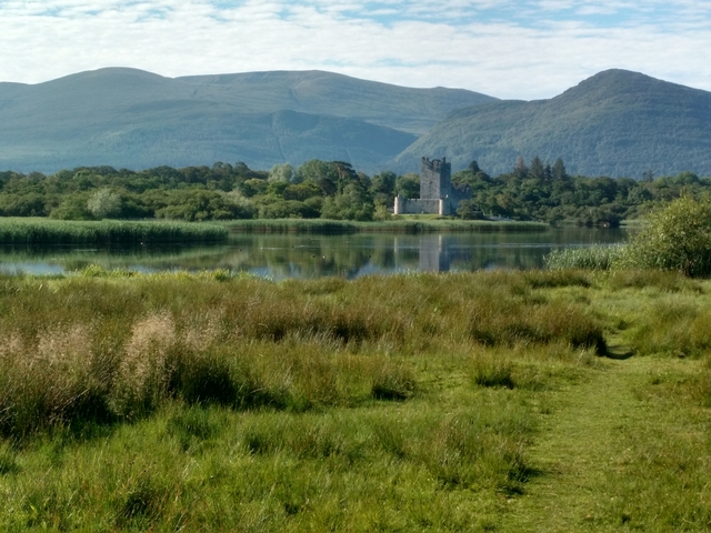 A lush green landscape with a castle in the distance across a lake.