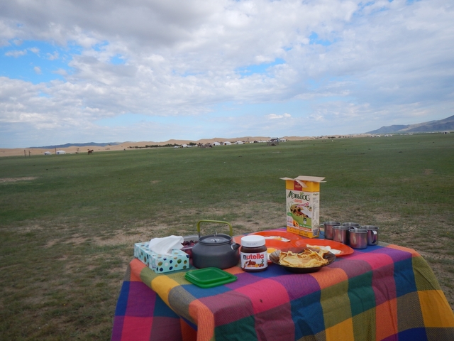 Picnic setup with snacks on a grassy field with distant mountains.