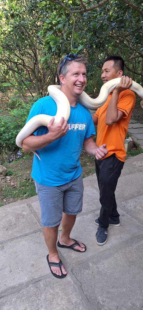       Person holding a large snake on their shoulders
  