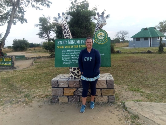 A woman posing with a sign at Mikumi National Park with giraffe sculptures.